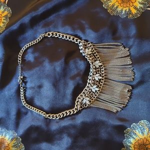 Metal chain, bead, rhinestone boho statement  necklace